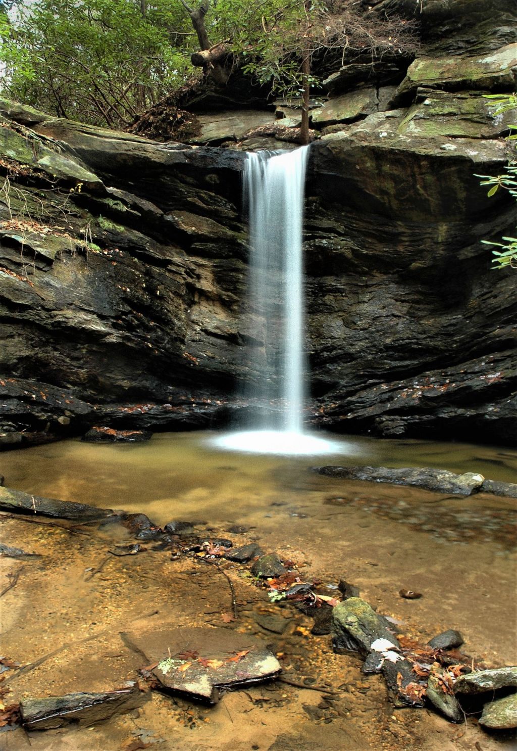 Water cascading over a rocky waterfall in Greenville, South Carolina